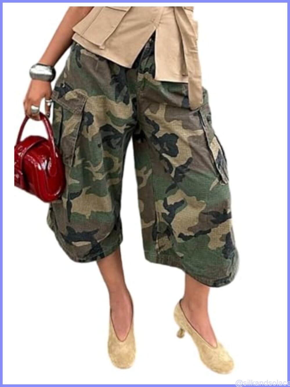 Womens High Waist Baggy Cargo Capri Pants